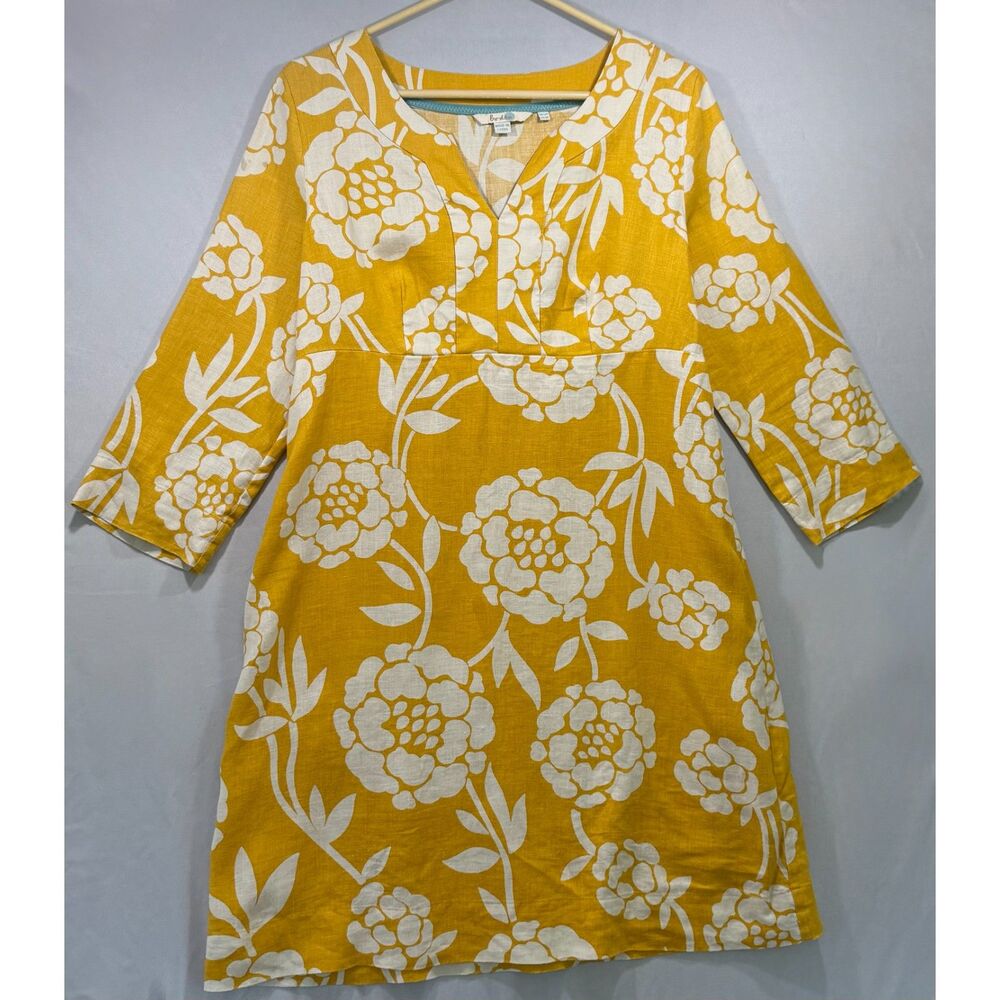 Boden Linen Blend Floral Shift Dress Mustard Yellow White Size 8 Mini Mid Sleeve
